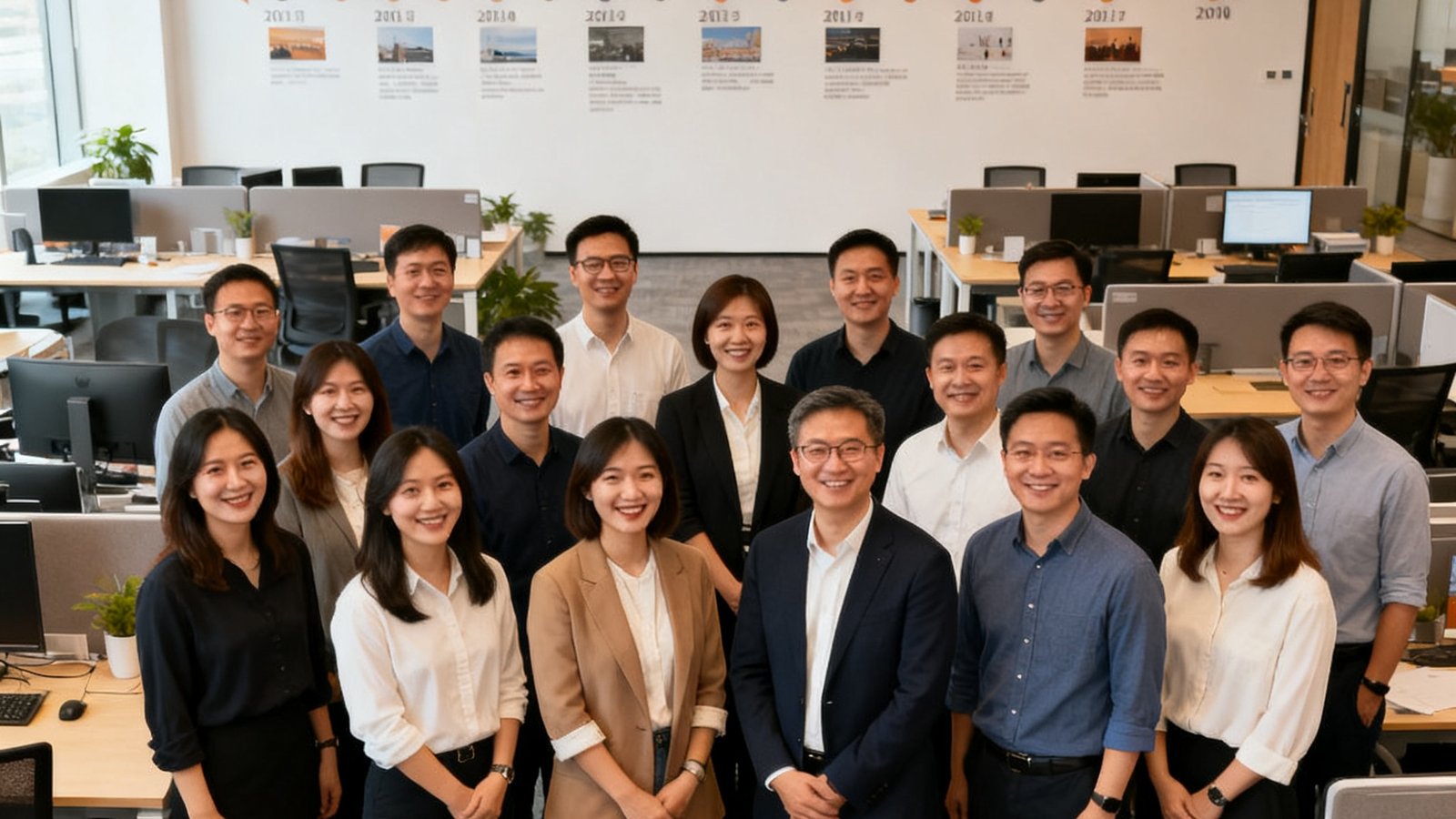 球视界北京总部团队合影，约30名核心成员在开放式办公区微笑面对镜头，背景墙面展示着公司发展历程时间线